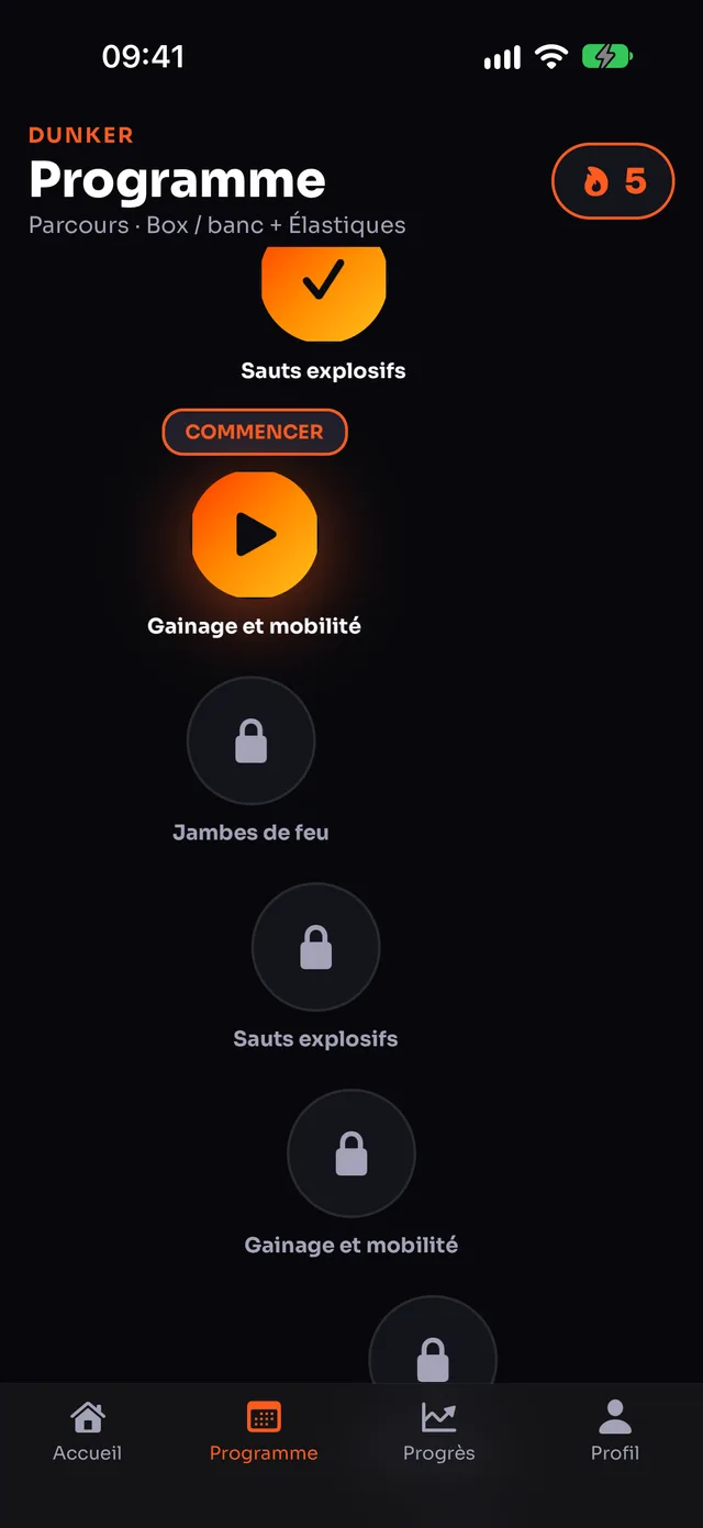 Écran du parcours Impulse avec la séance du jour et les séances suivantes verrouillées